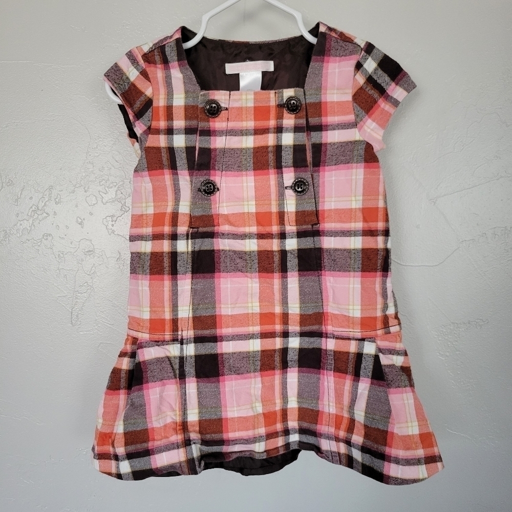 Janie and Jack Plaid Dress Baby Girl 12-18 Months Pink Orange Brown White Stripe